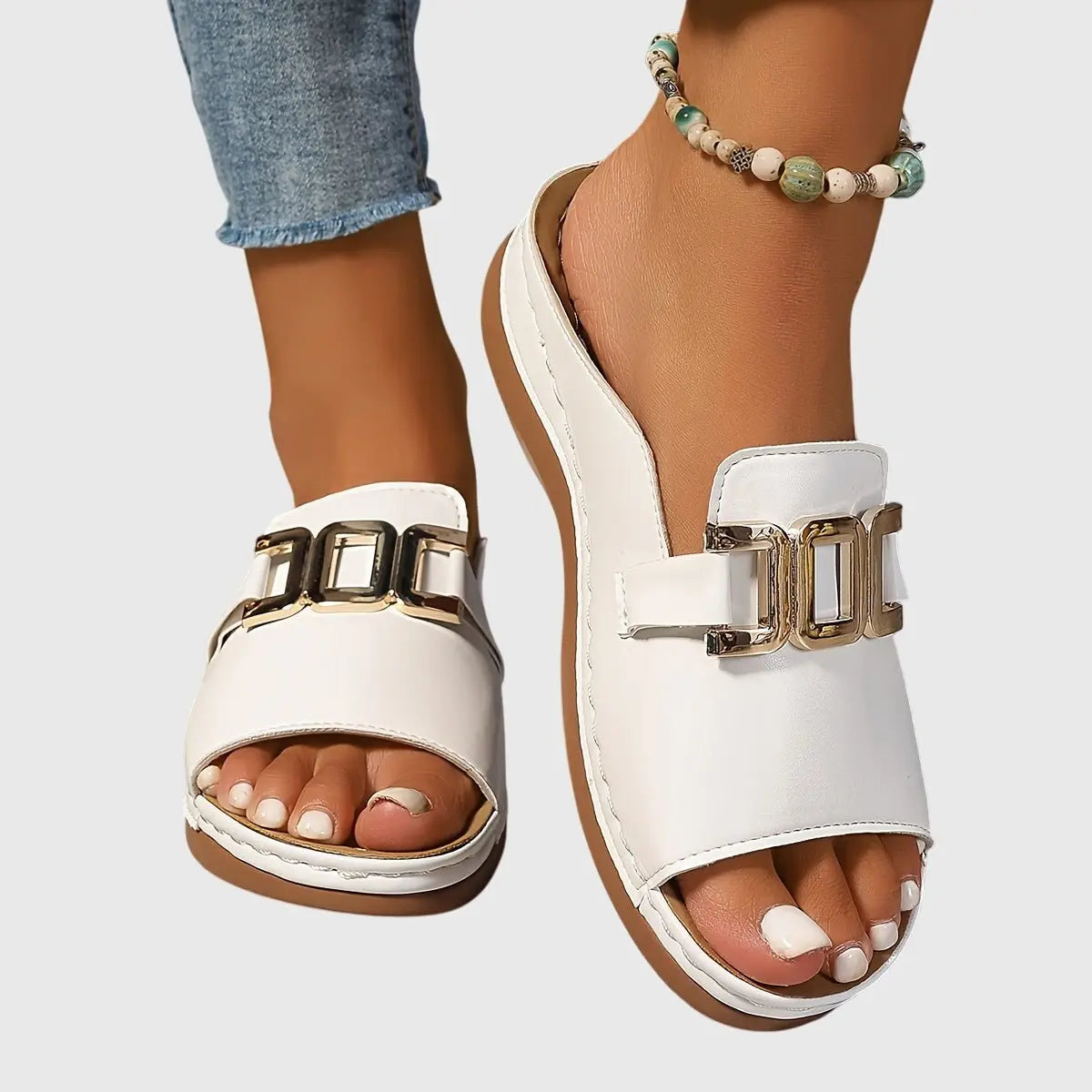 Women's Slip-On Sandals Open Toe Gold Buckle Flat
