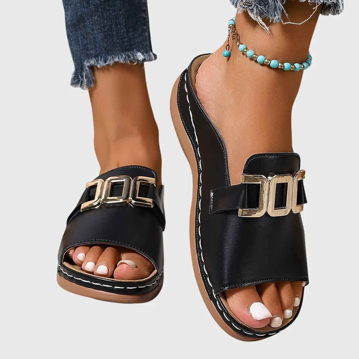 Women's Slip-On Sandals Open Toe Gold Buckle Flat - Black