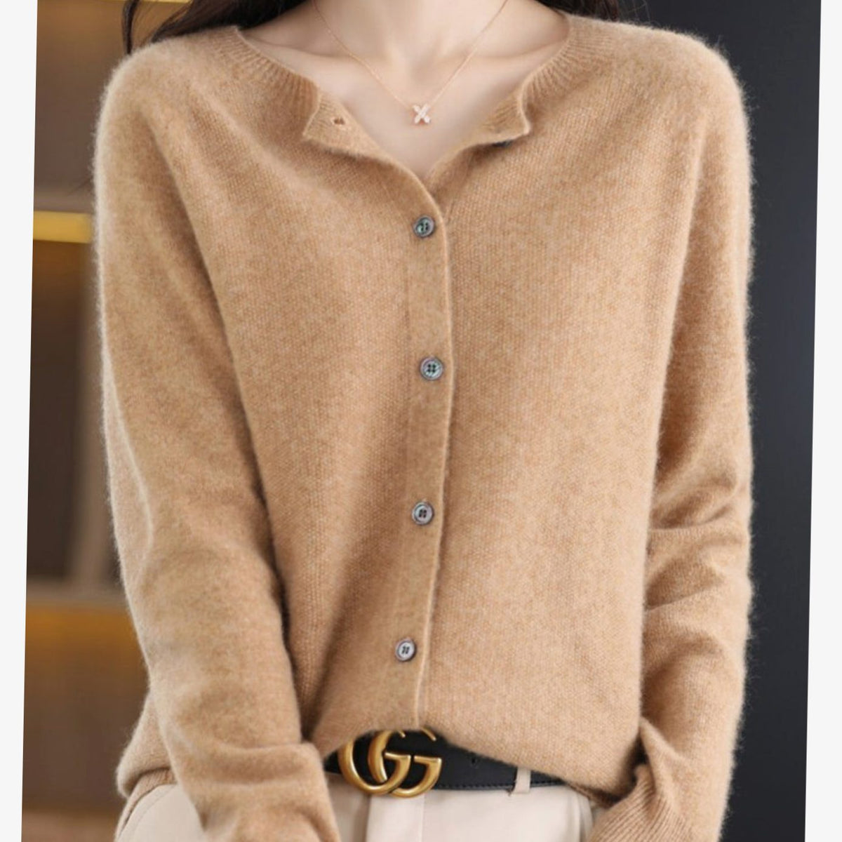 Women's Soft Knit V-Neck Button-Front Cardigan - Light Brown