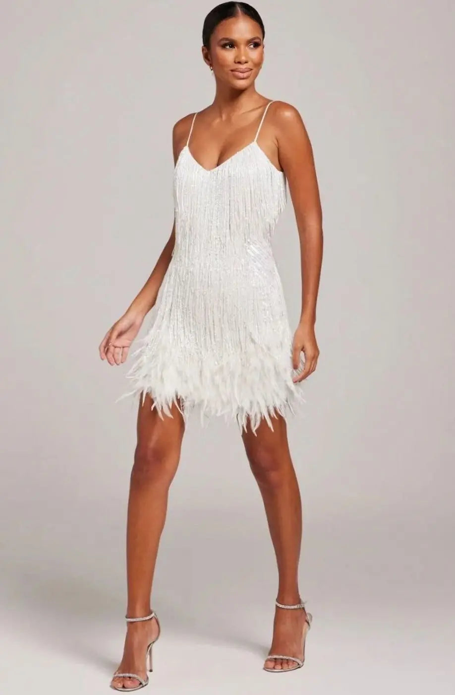 Women's Spaghetti-Strap Fringe Feather Trim Mini Dress
