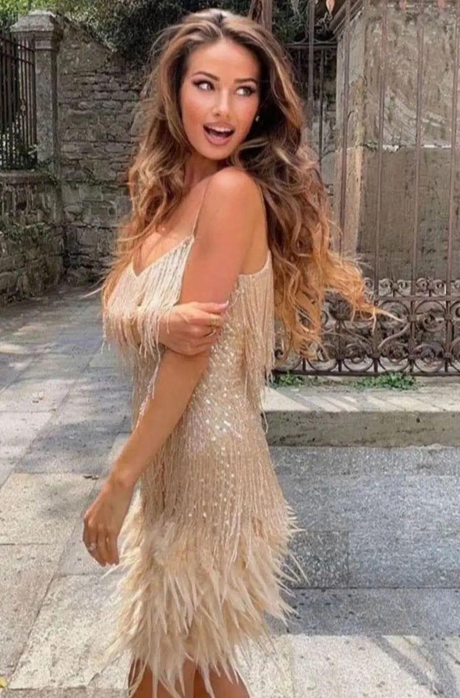 Women's Spaghetti-Strap Fringe Feather Trim Mini Dress