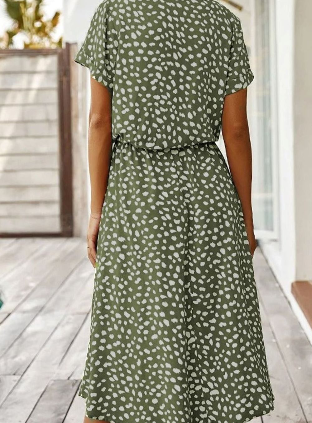 Women's Spotted Print Drawstring-Waist Short-Sleeve Midi Dress