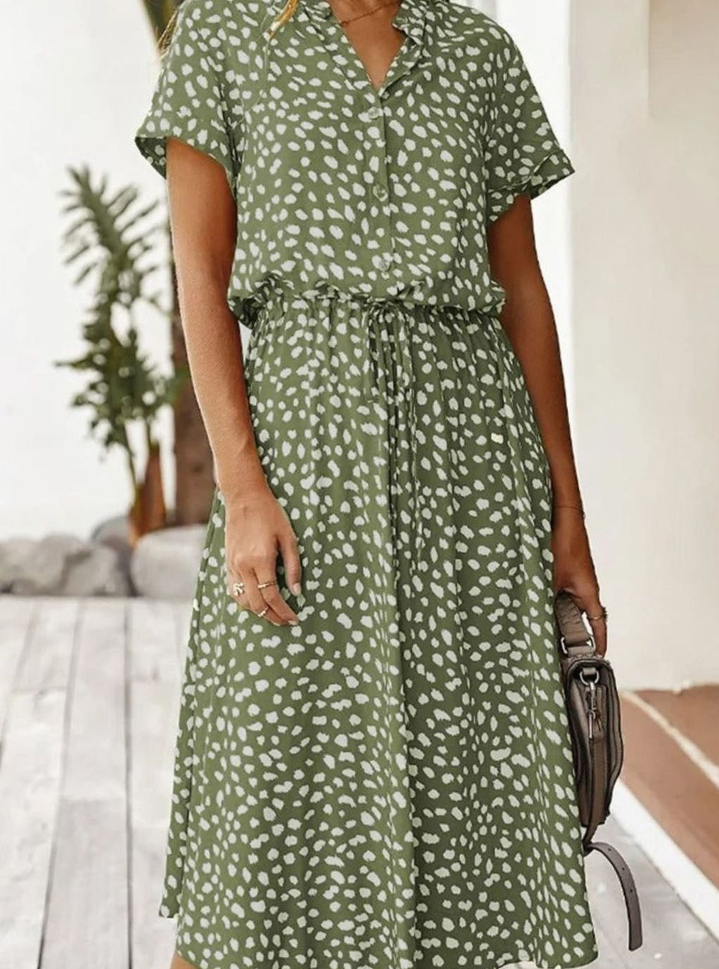 Women's Spotted Print Drawstring-Waist Short-Sleeve Midi Dress