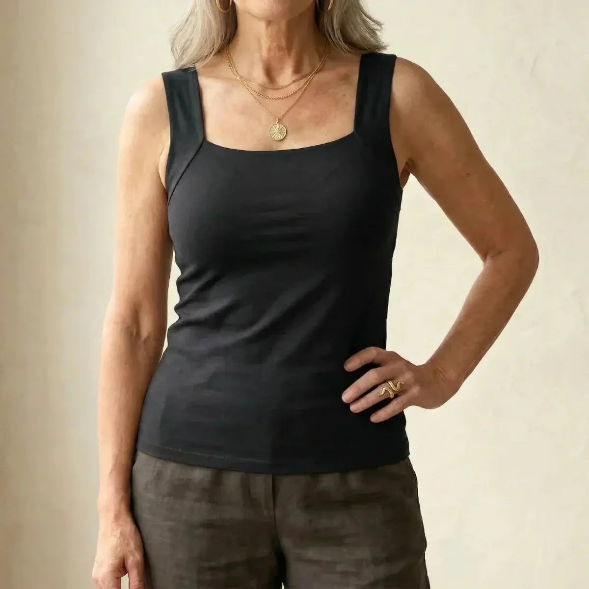 Women's Square-Neck Built-In Bra Sleeveless Vest Top - Black