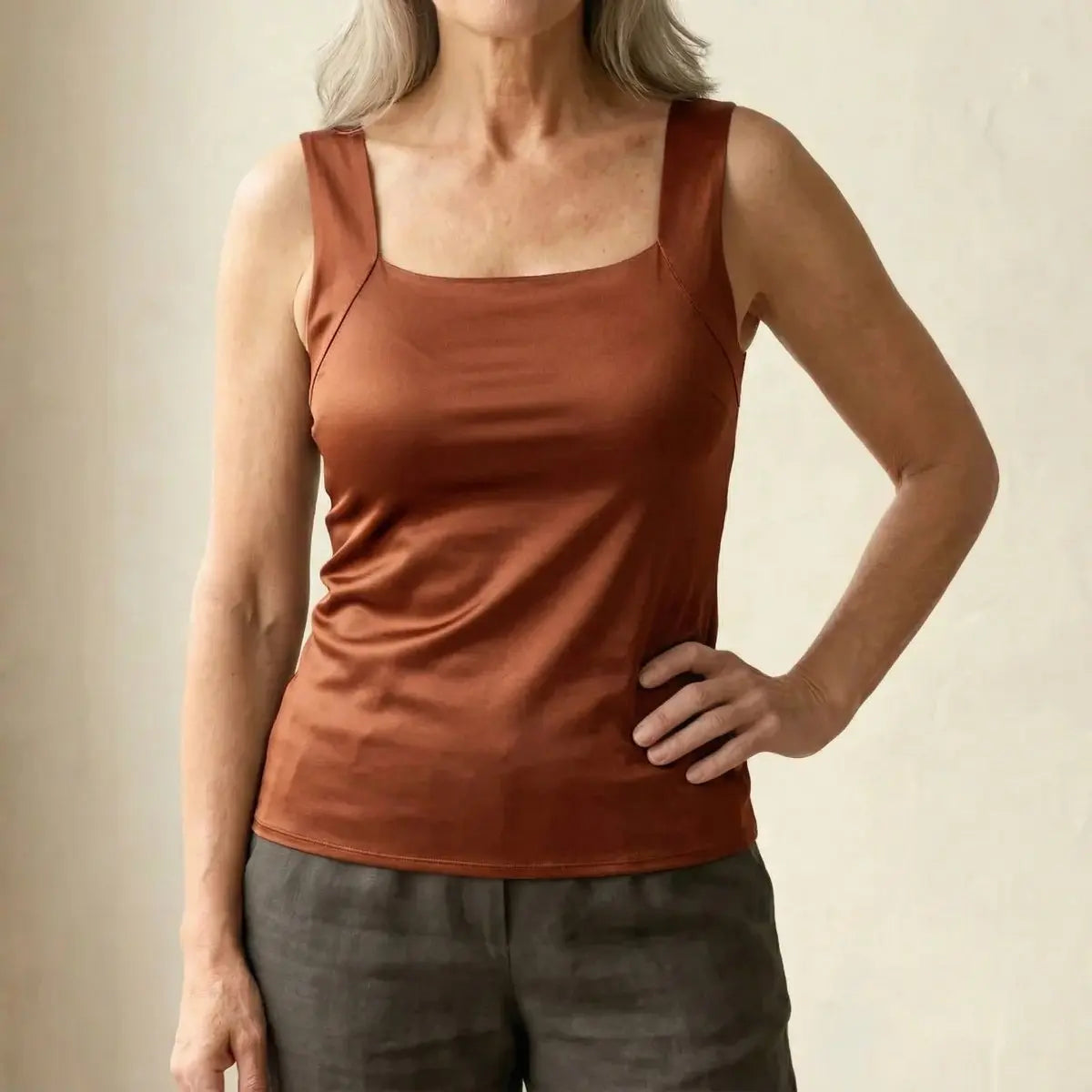 Women's Square-Neck Built-In Bra Sleeveless Vest Top - Coffee