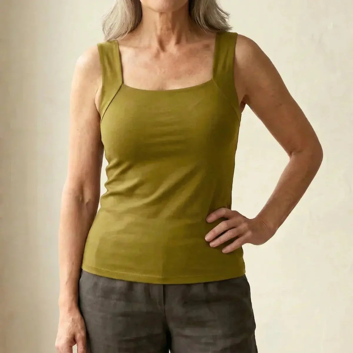 Women's Square-Neck Built-In Bra Sleeveless Vest Top - Olive Green