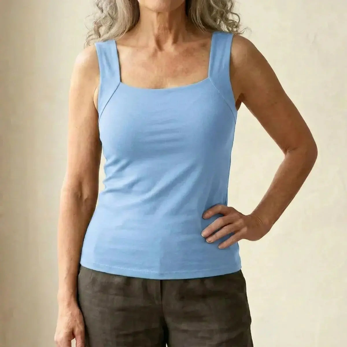 Women's Square-Neck Built-In Bra Sleeveless Vest Top - Light Blue