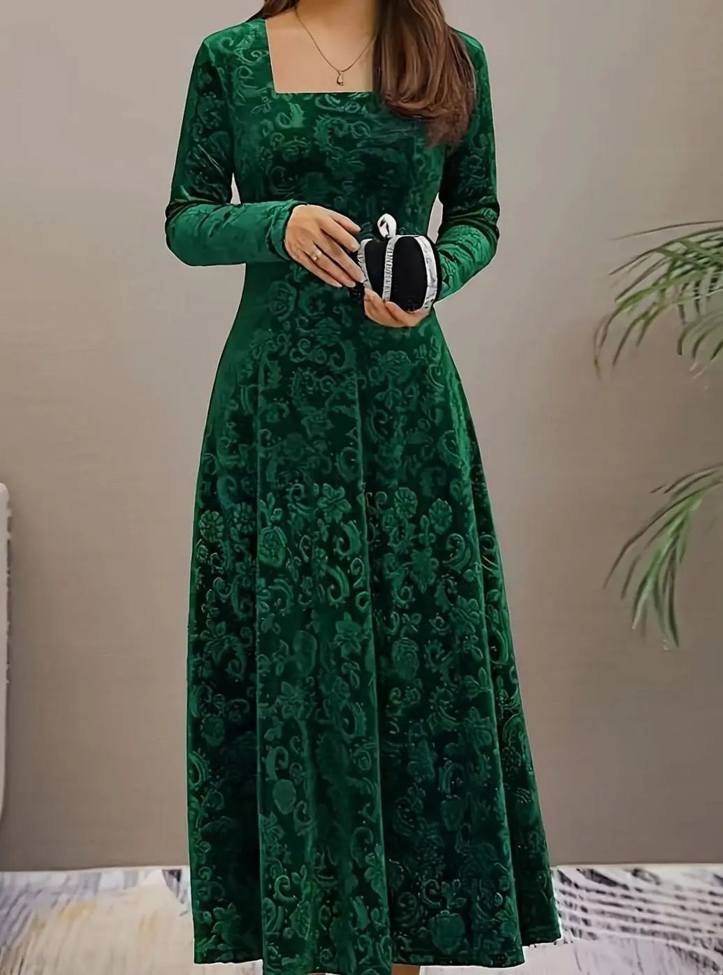 Women's Square Neck Velvet Floral Embossed Party Dress - Green