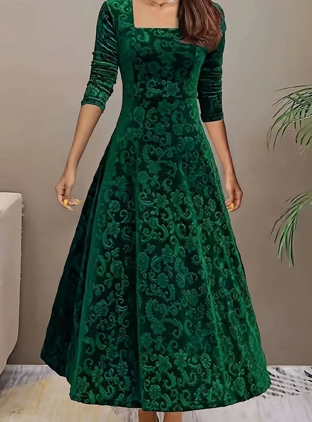 Women's Square Neck Velvet Floral Embossed Party Dress