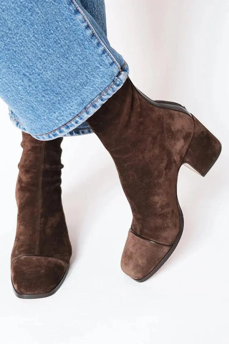Women's Square Toe Block Heel Ankle Boots - Dark Brown