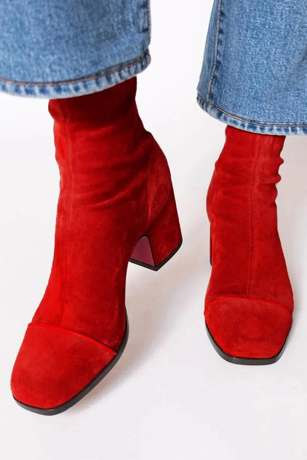 Women's Square Toe Block Heel Ankle Boots - Red