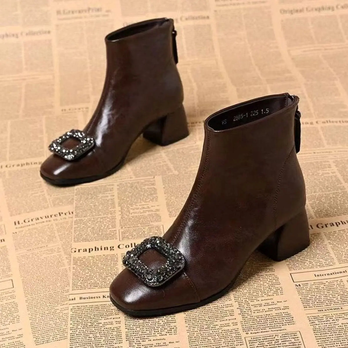Women's Square-Toe Block-Heel Ankle Boots Rhinestone Buckle - Brown