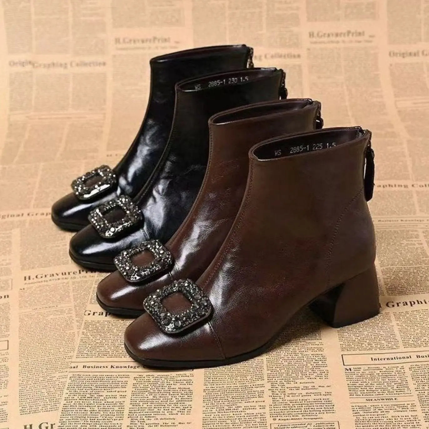 Women's Square-Toe Block-Heel Ankle Boots Rhinestone Buckle