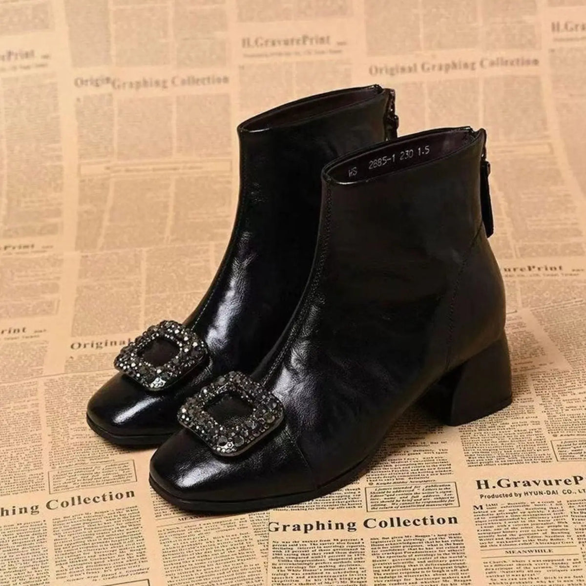 Women's Square-Toe Block-Heel Ankle Boots Rhinestone Buckle - Black
