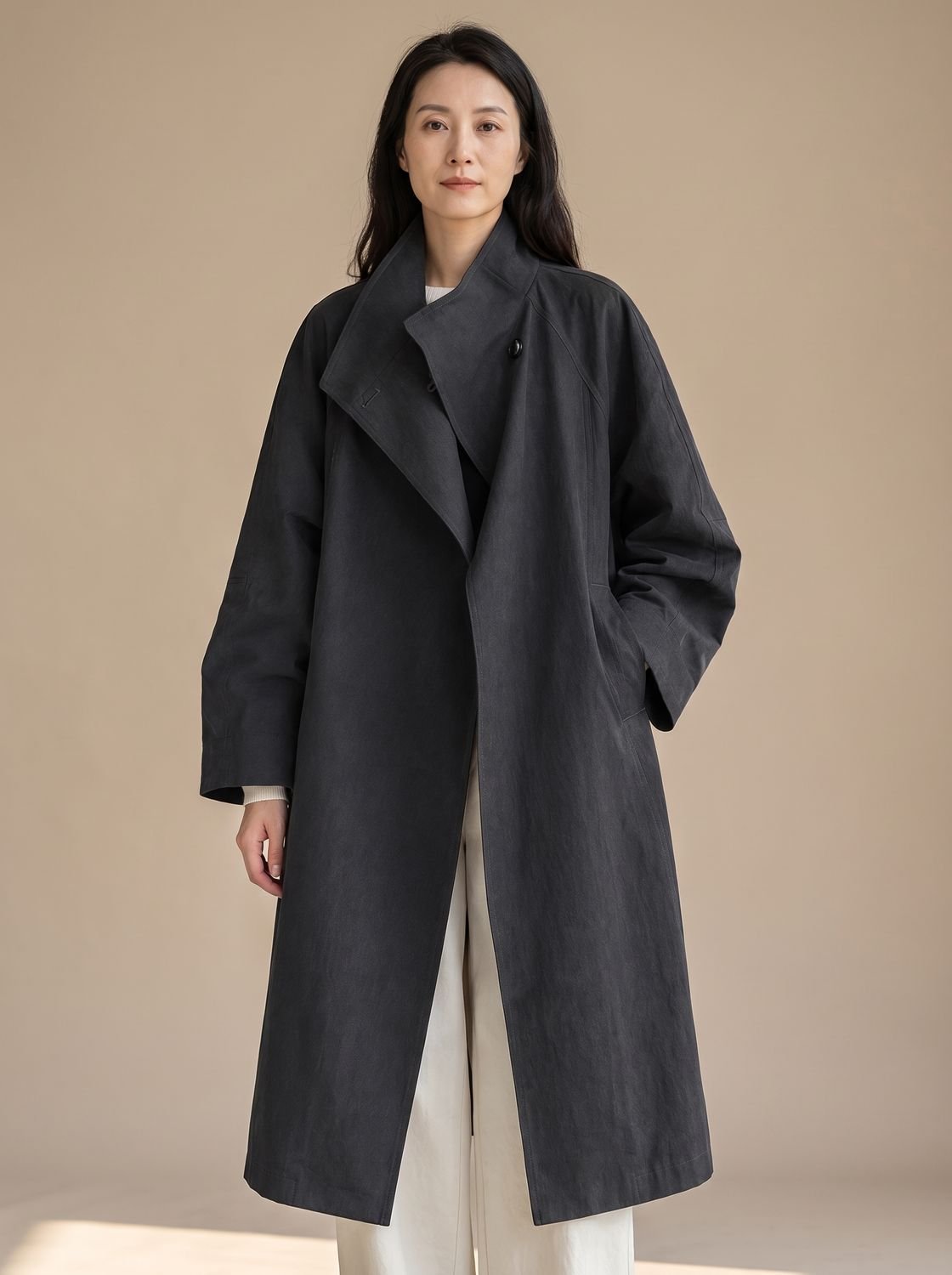 Women's Stand Collar Longline Single-Button Overcoat - Dark Charcoal