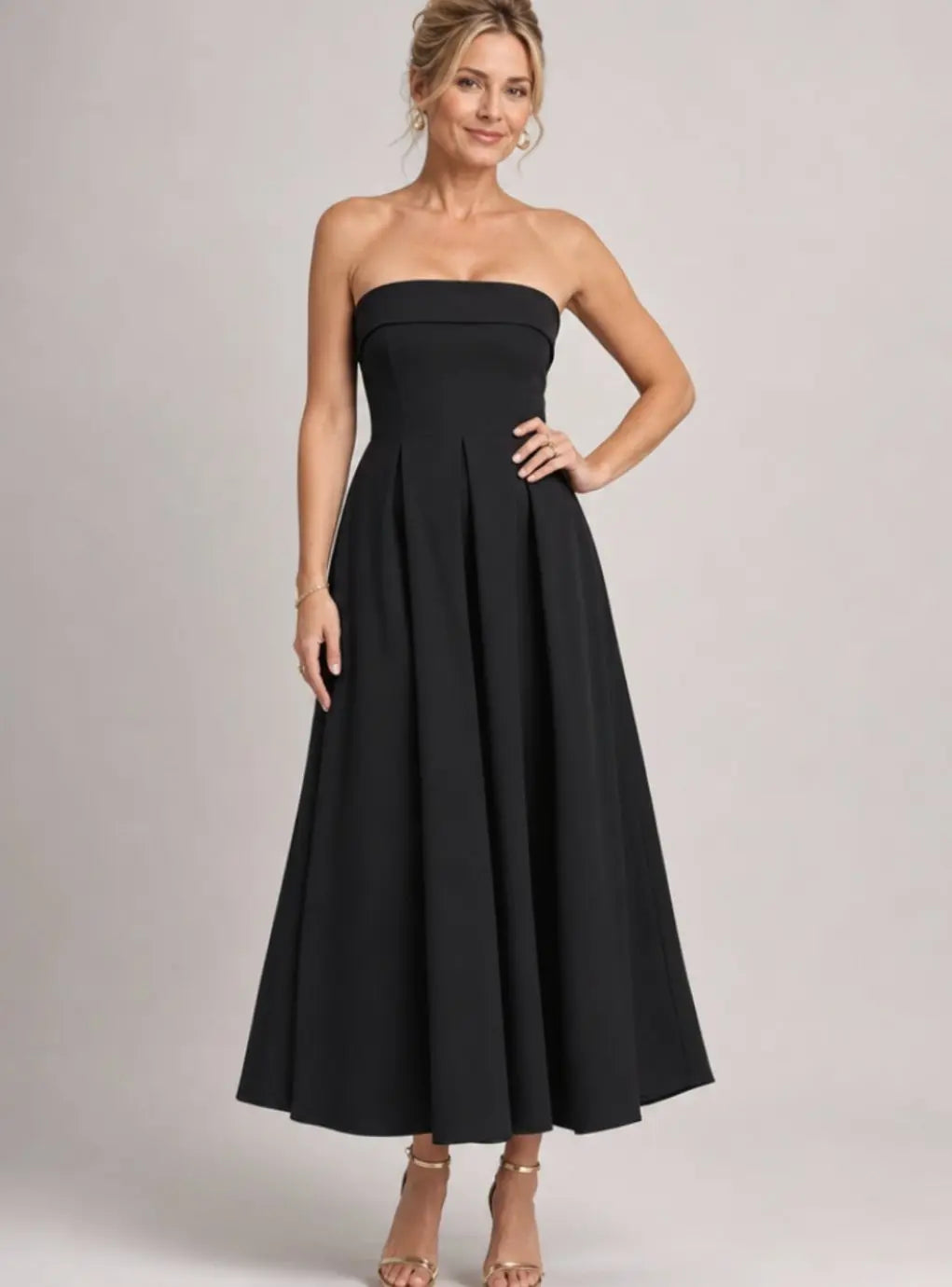 Women's Strapless Pleated Full-Skirt Midi Cocktail Dress - Black