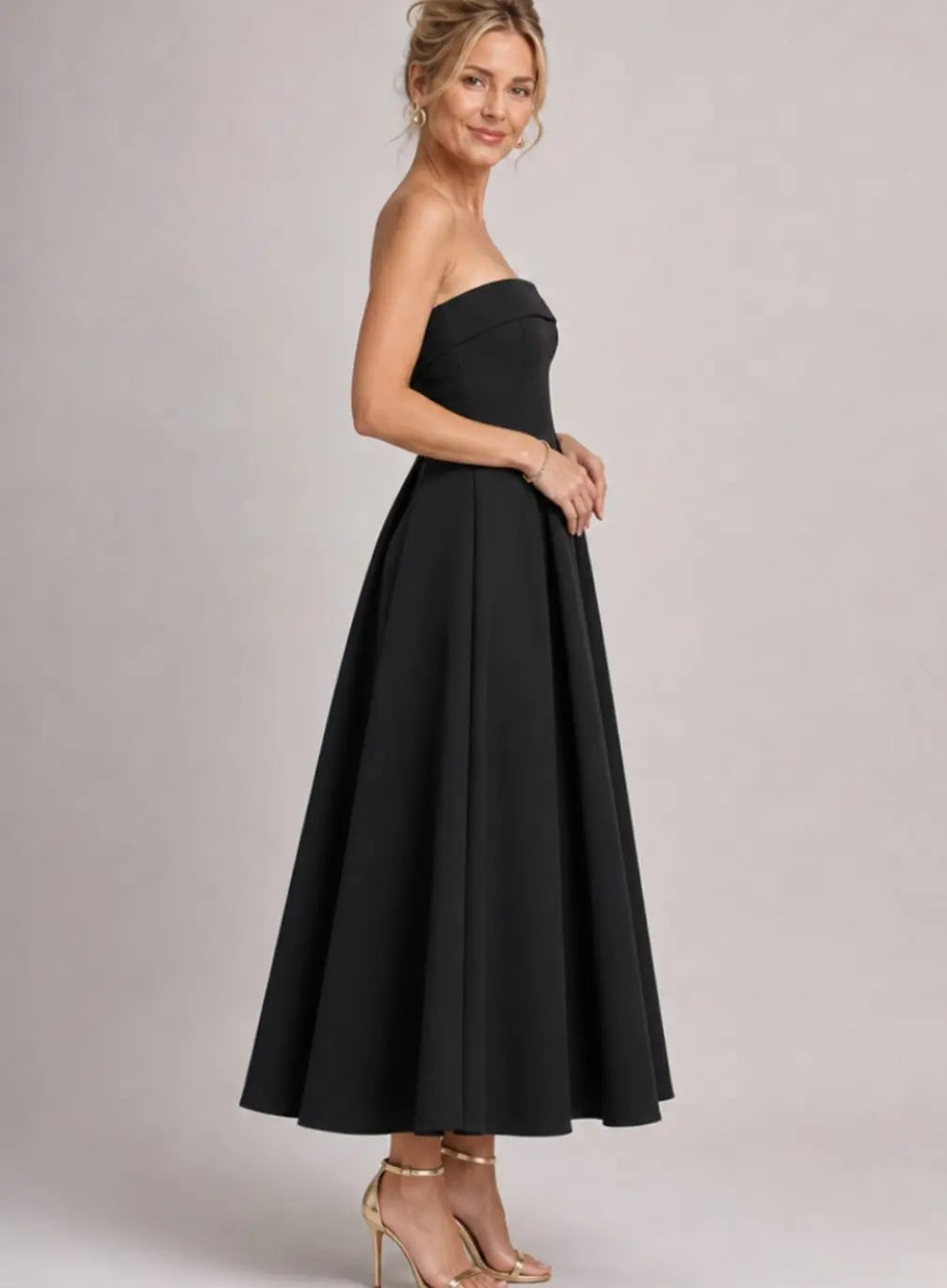 Women's Strapless Pleated Full-Skirt Midi Cocktail Dress