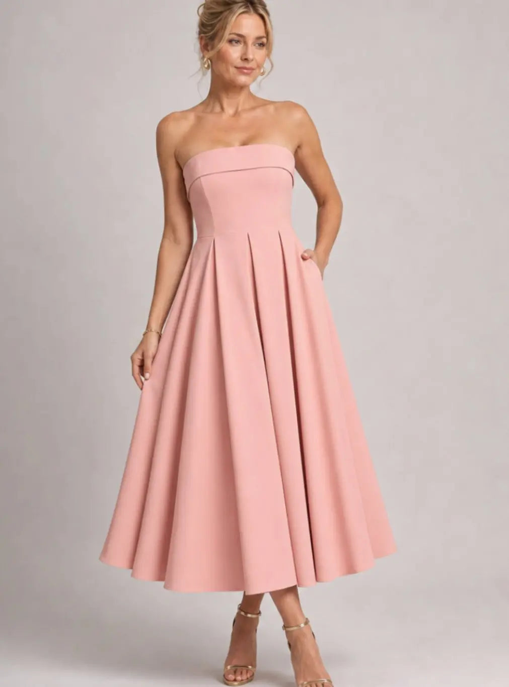 Women's Strapless Pleated Full-Skirt Midi Cocktail Dress - Pink