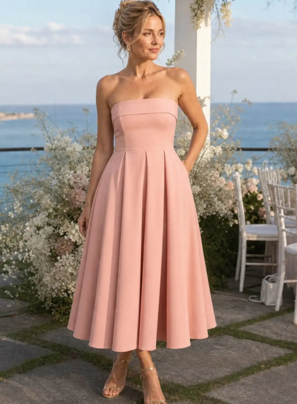 Women's Strapless Pleated Full-Skirt Midi Cocktail Dress