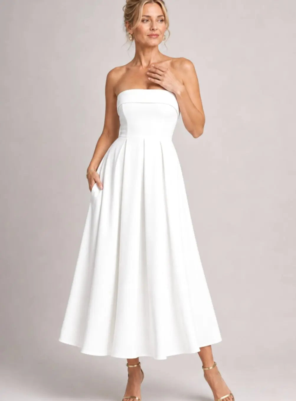 Women's Strapless Pleated Full-Skirt Midi Cocktail Dress - White