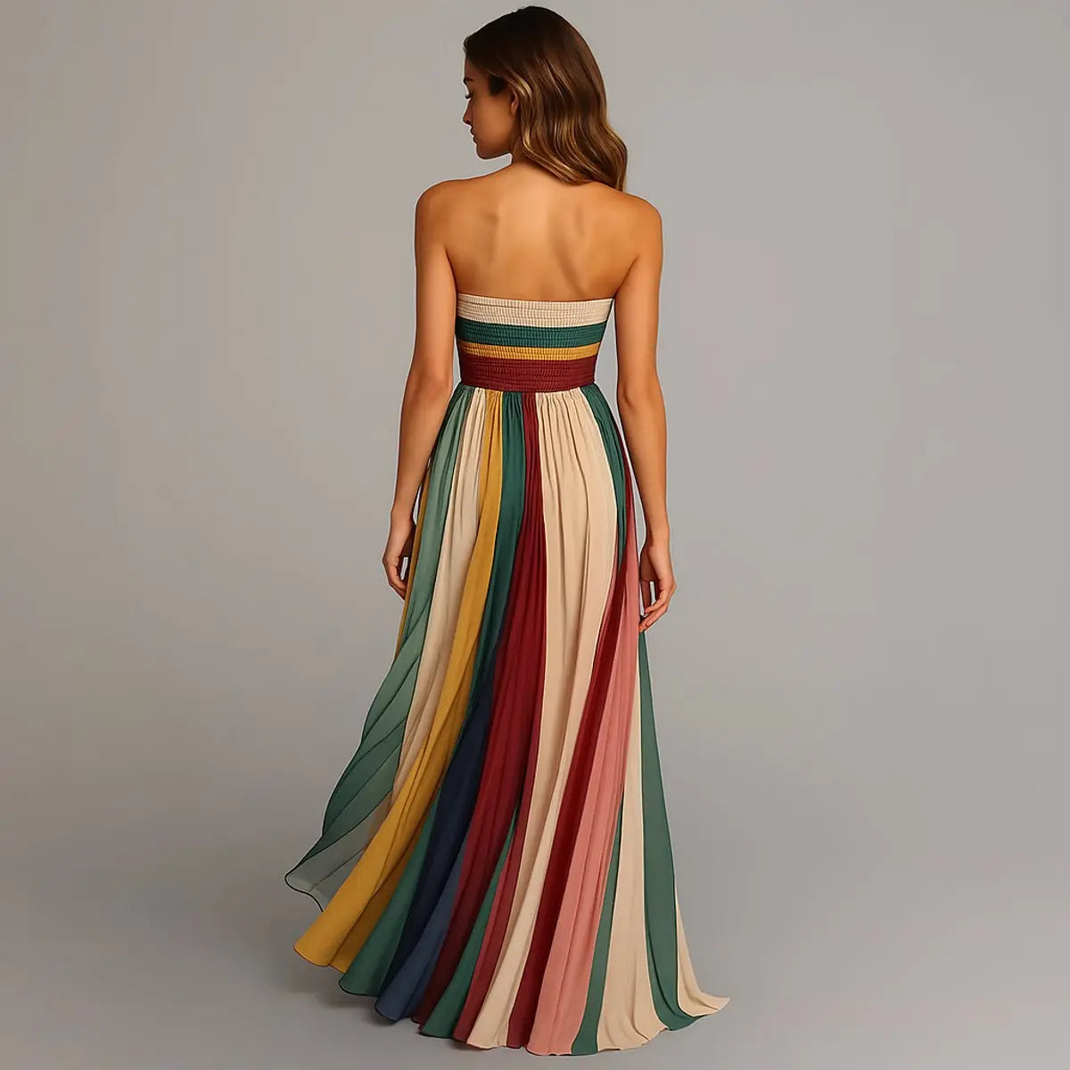 Women's Strapless Pleated Striped Maxi Long Sleeve Dress