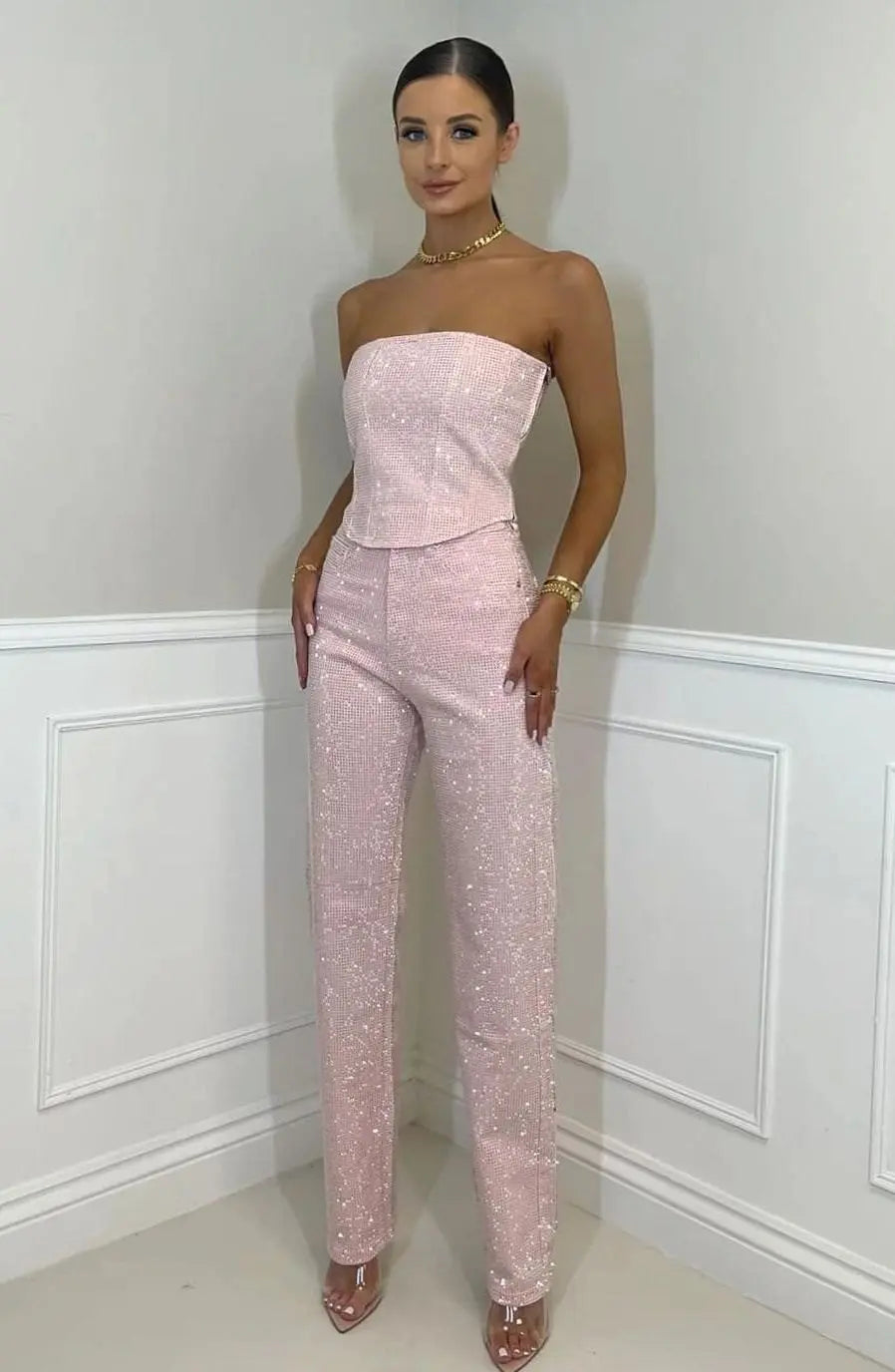 Women's Strapless Sequin Straight-Leg Autumn Dress Jumpsuit - Pink