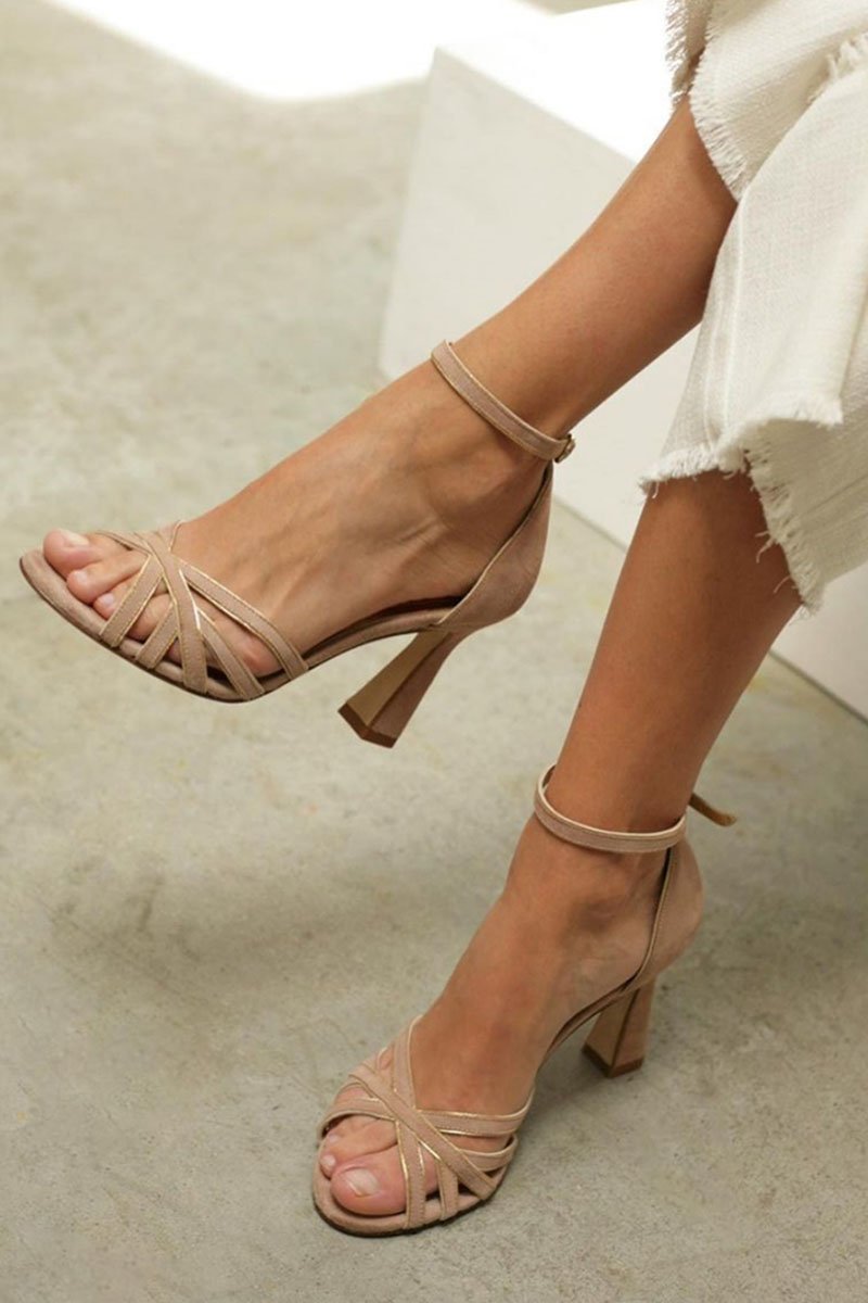 Women's Strappy Block Heel Sandals Ankle Strap - Beige