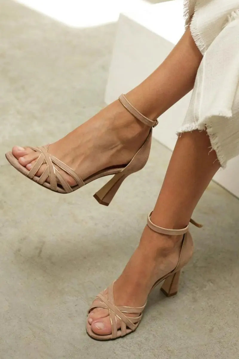 Women's Strappy Block Heel Sandals Ankle Strap - Beige
