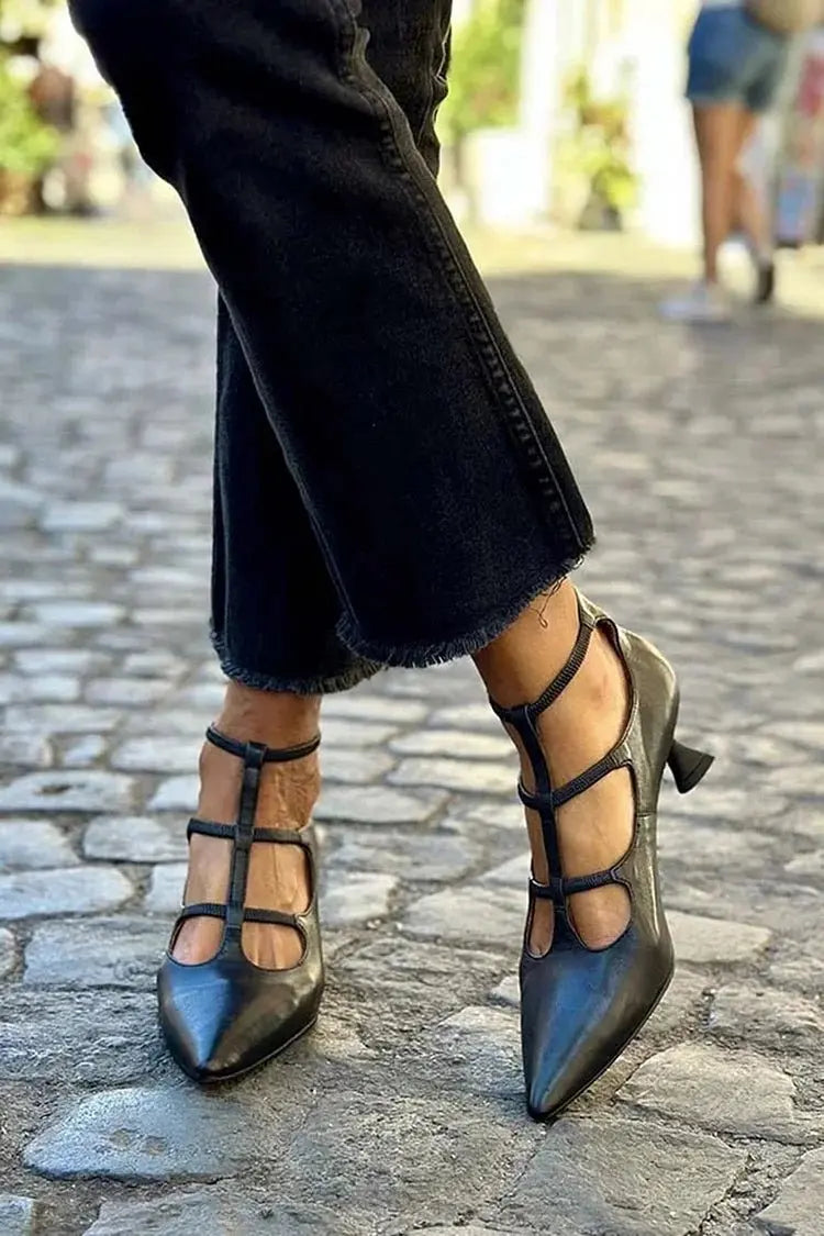 Women's Strappy Court Shoes Pointed Toe Mid Heel - Black