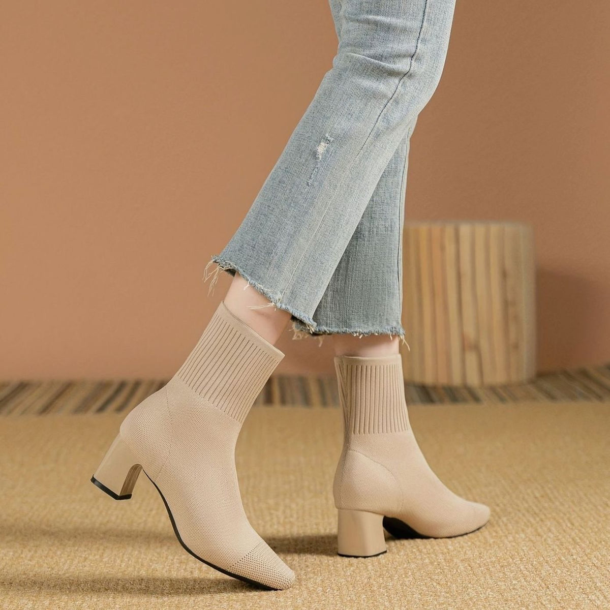 Women's Stretch Knit Square-Toe Block-Heel Ankle Boots