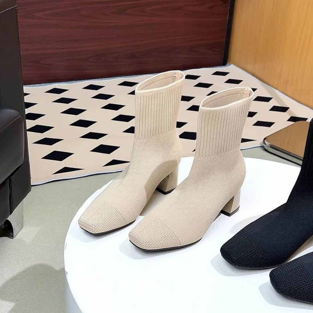 Women's Stretch Knit Square-Toe Block-Heel Ankle Boots