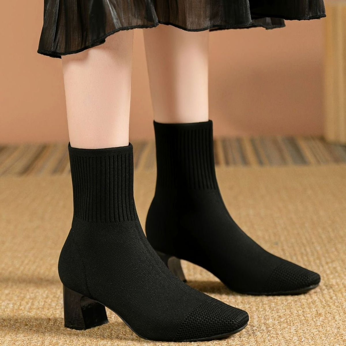 Women's Stretch Knit Square-Toe Block-Heel Ankle Boots