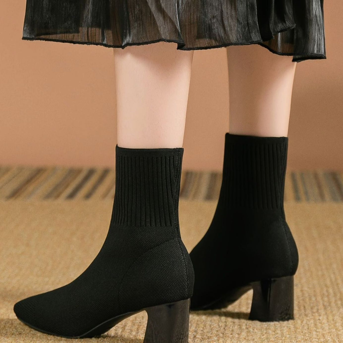 Women's Stretch Knit Square-Toe Block-Heel Ankle Boots - Black