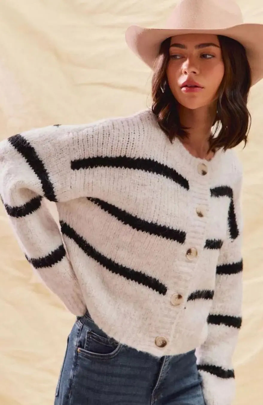 Women's Striped Button-Down Winter Knit Cardigan