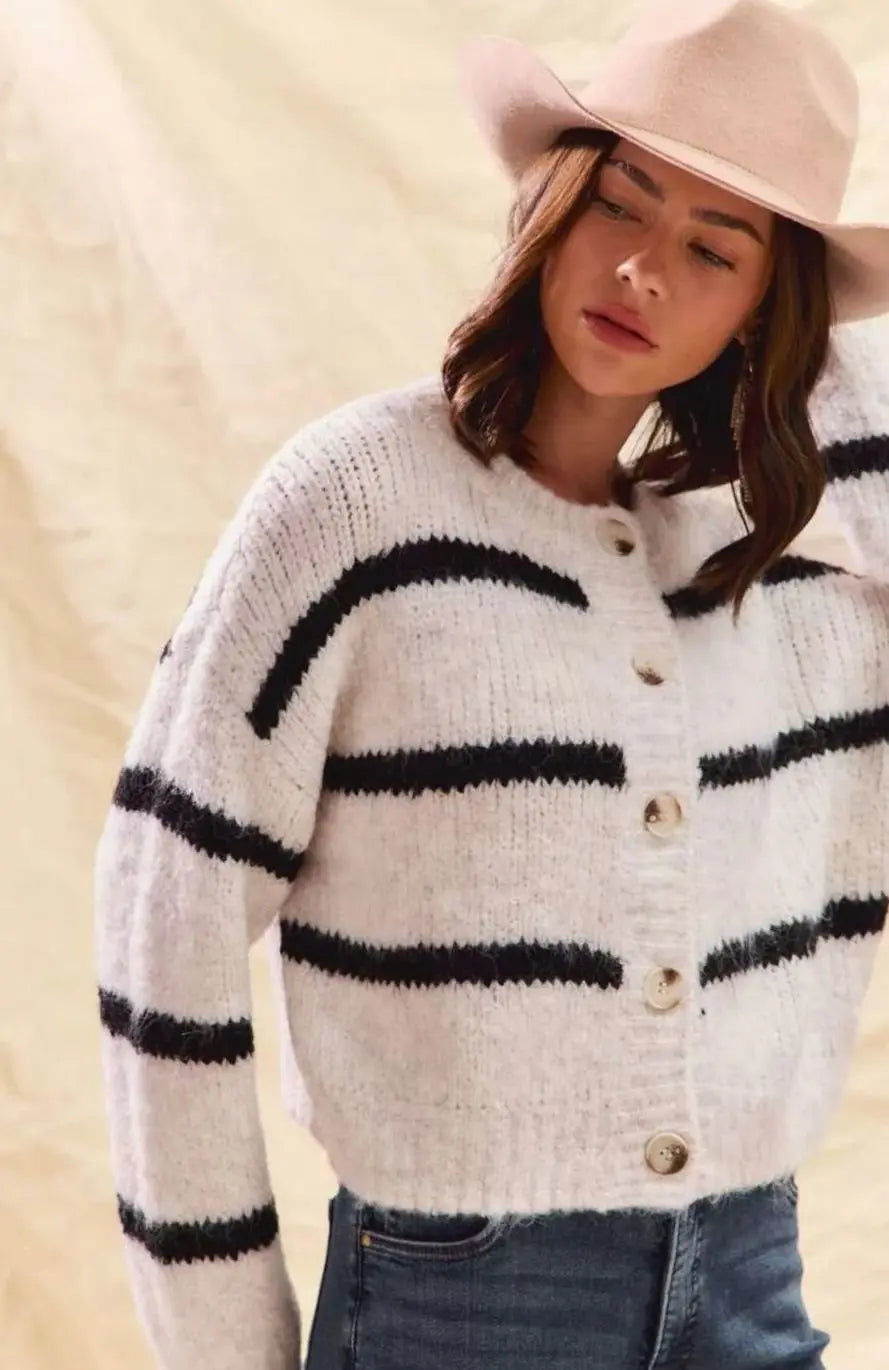 Women's Striped Button-Down Winter Knit Cardigan