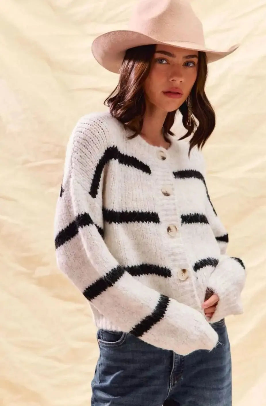 Women's Striped Button-Down Winter Knit Cardigan