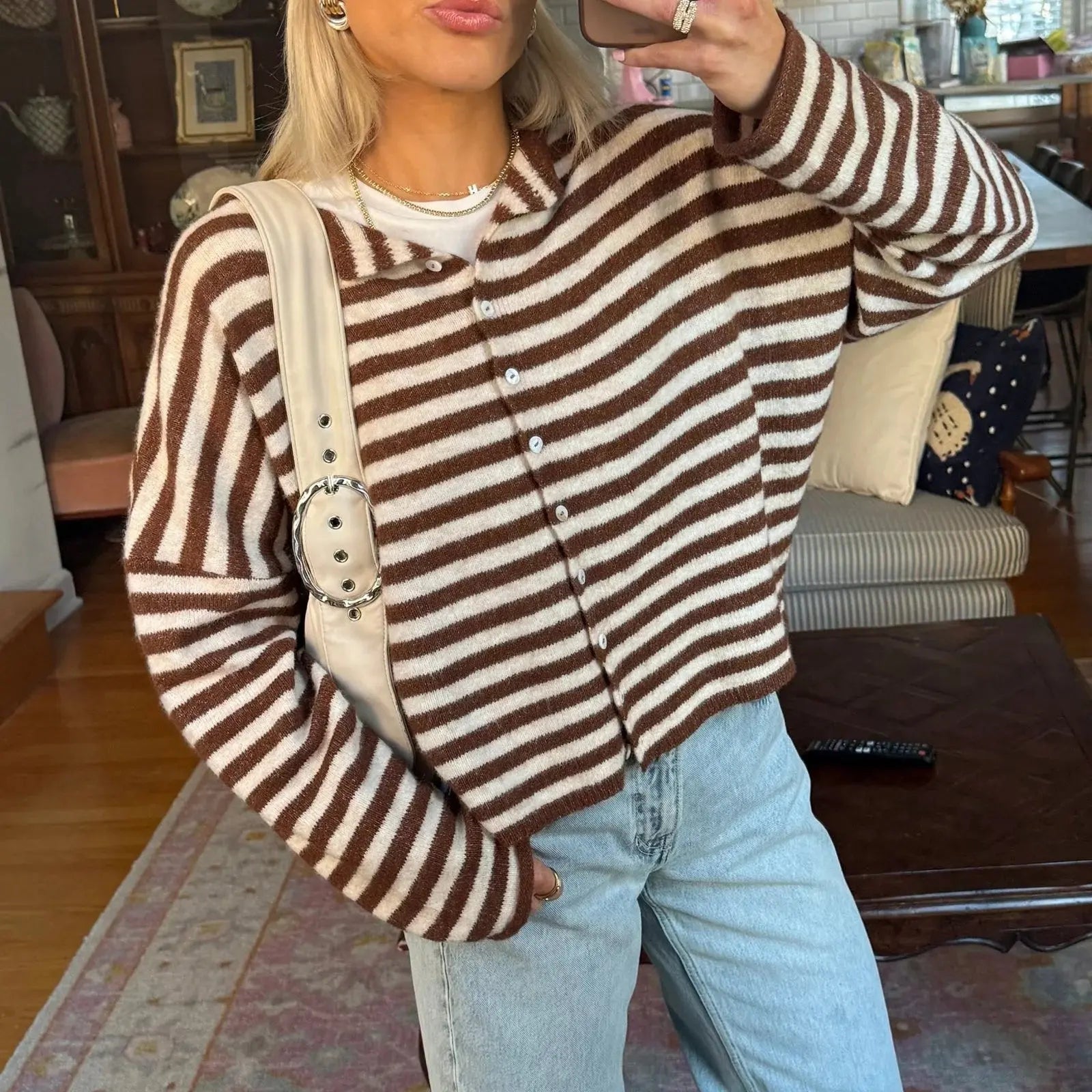 Women's Striped Button Front Cardigan Stand Collar - Brown
