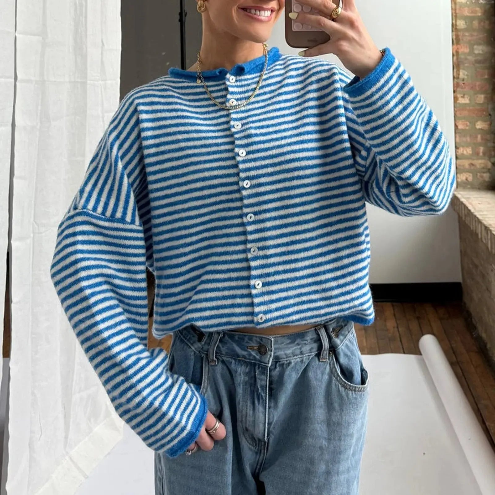 Women's Striped Button Front Cardigan Stand Collar - Blue
