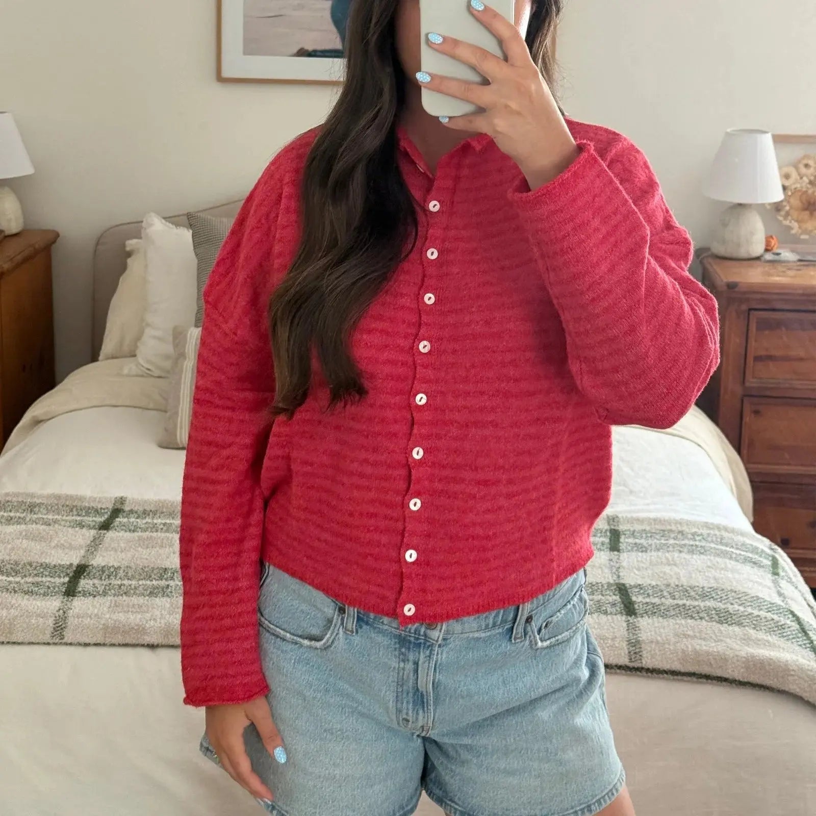 Women's Striped Button Front Cardigan Stand Collar - Dark Red