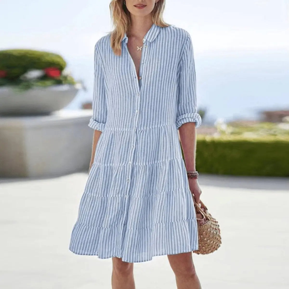 Women's Striped Button-Front Tiered A-Line Blouse Dress - Blue