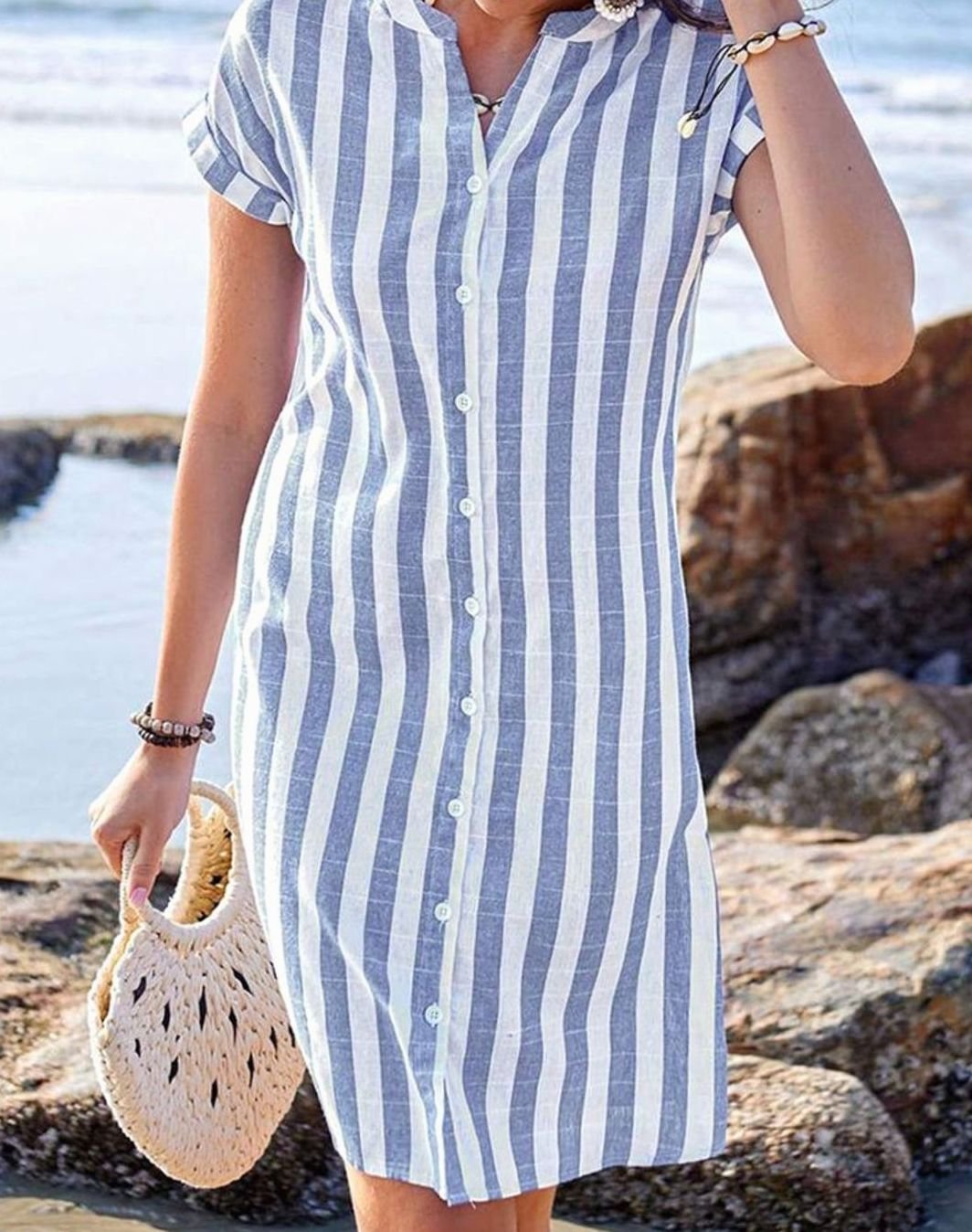 Women's Striped Button-Through Short-Sleeve Midi Dress - Blue