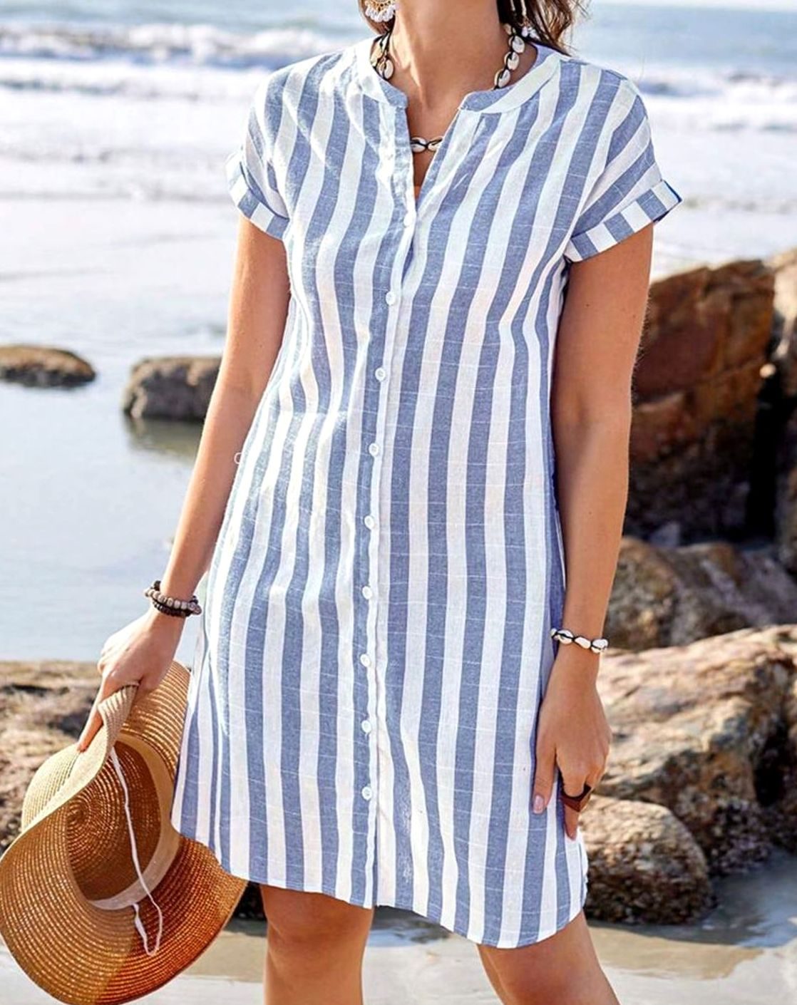 Women's Striped Button-Through Short-Sleeve Midi Dress