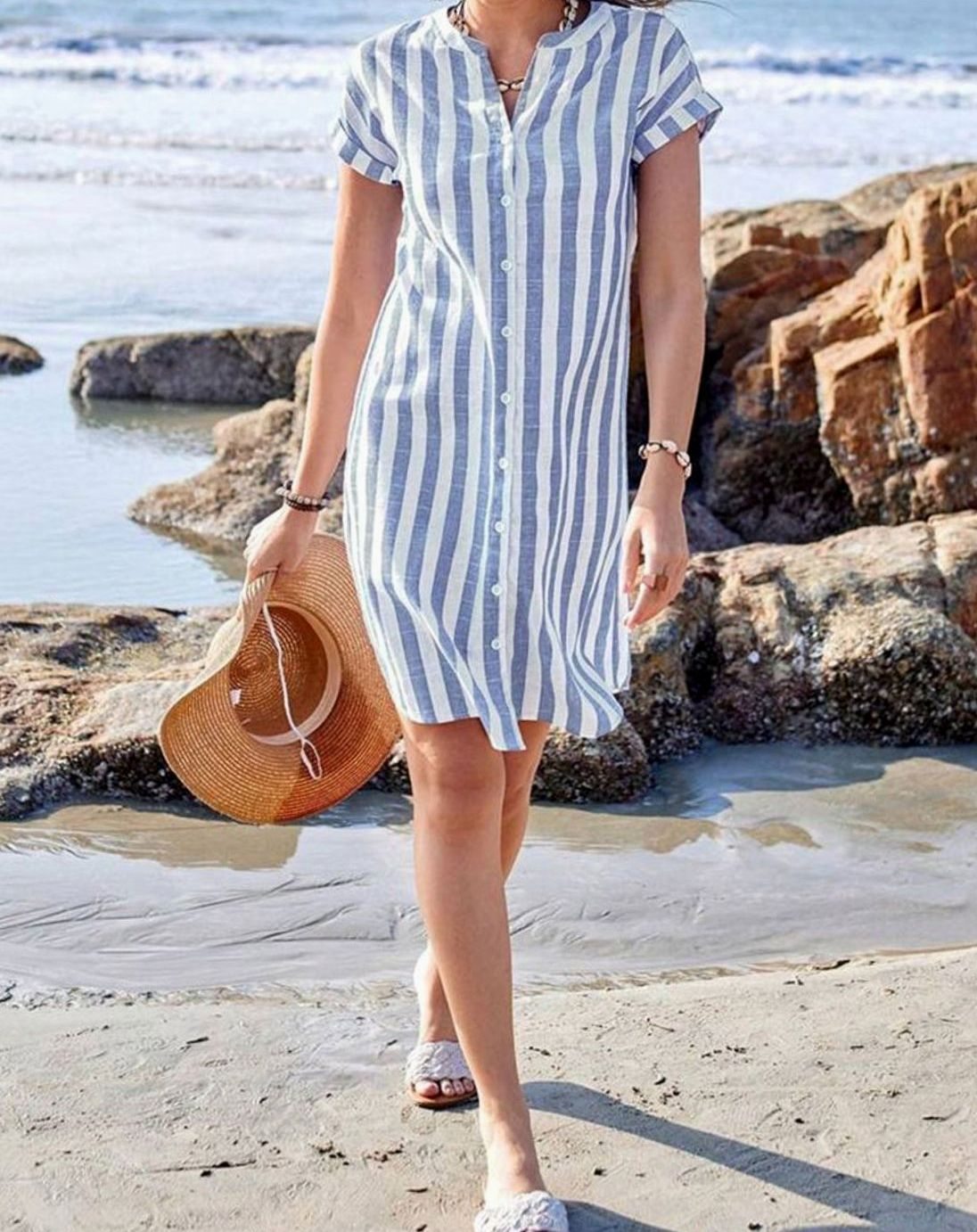 Women's Striped Button-Through Short-Sleeve Midi Dress