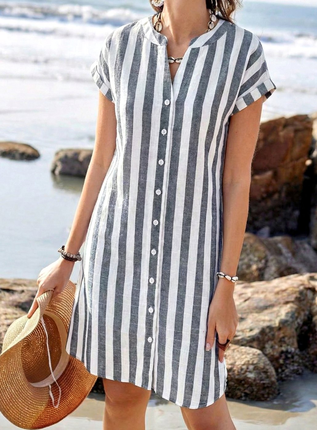 Women's Striped Button-Through Short-Sleeve Midi Dress - Black