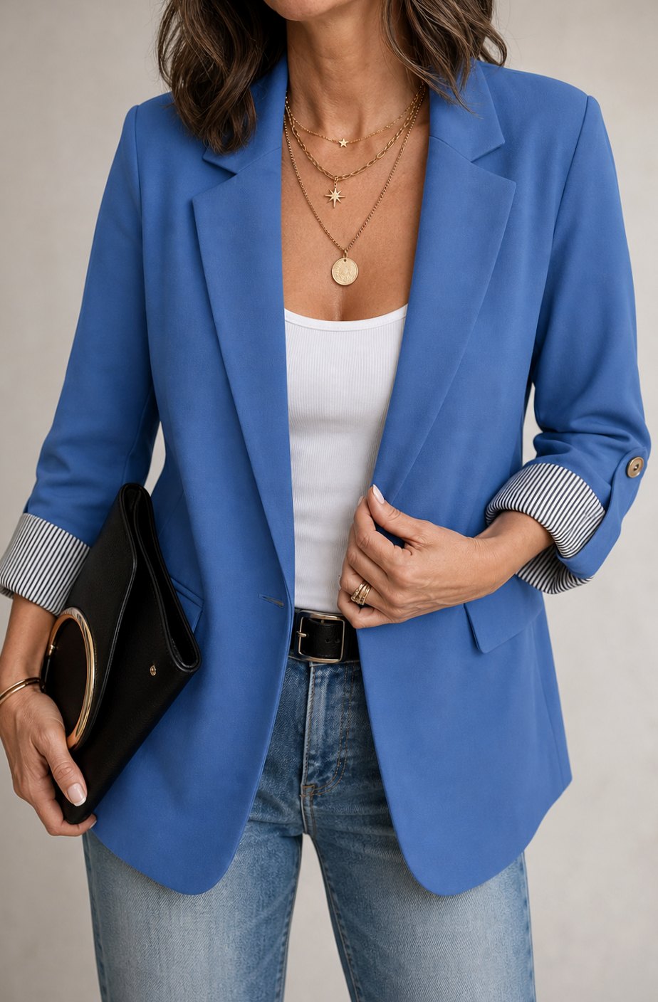 Women's Striped-Cuff Roll-Sleeve Soft-Tailored Blazer, Blue