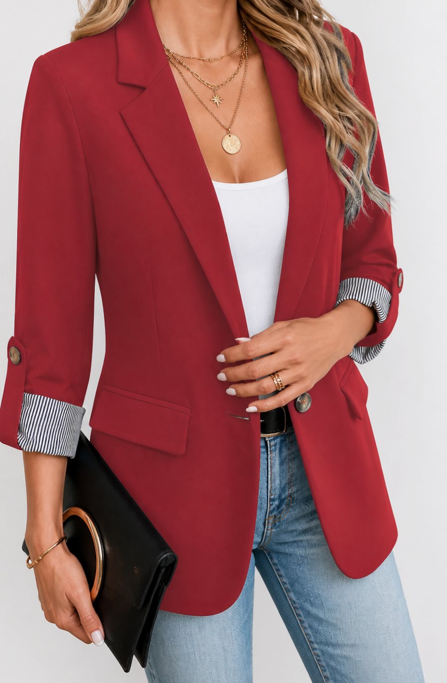 Women's Striped-Cuff Roll-Sleeve Soft-Tailored Blazer, Blue - Red