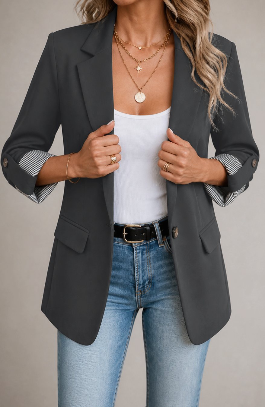 Women's Striped-Cuff Roll-Sleeve Soft-Tailored Blazer, Blue - Dark Grey