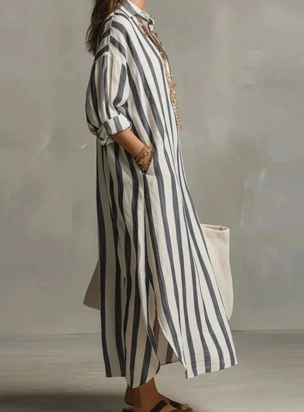 Women's Striped Linen Loose-Fit V-Neck Midi Dress
