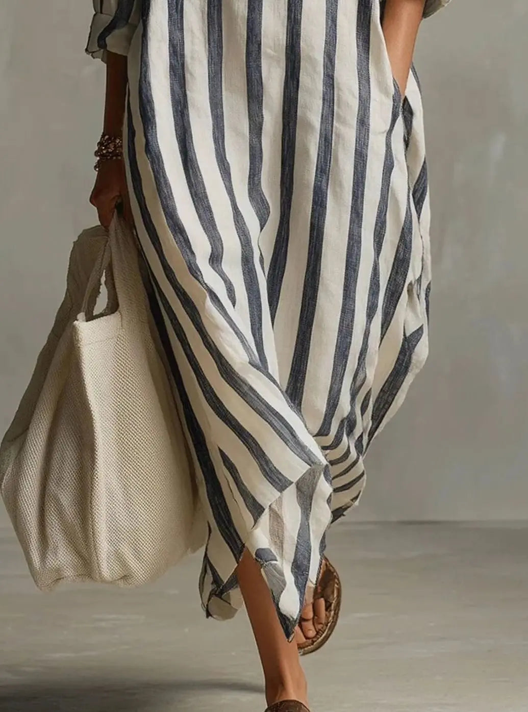 Women's Striped Linen Loose-Fit V-Neck Midi Dress