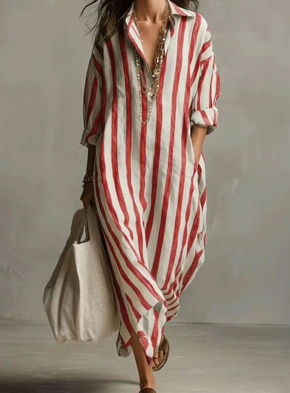 Women's Striped Linen Loose-Fit V-Neck Midi Dress - Red